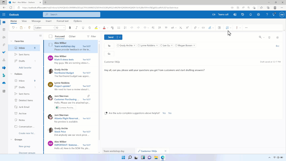A Q&A Loop component shared through email and updated with the team.