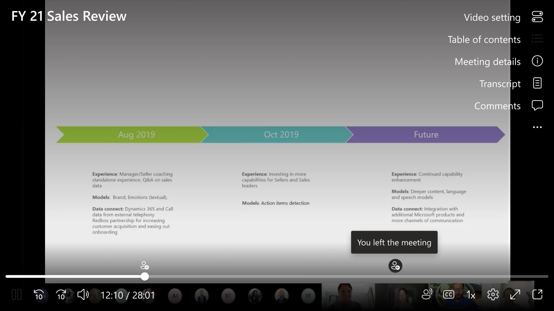 Showing a video recording after the meeting, and a selection of the “About Us” chapter on the right-hand side from the different “Chapters” available.