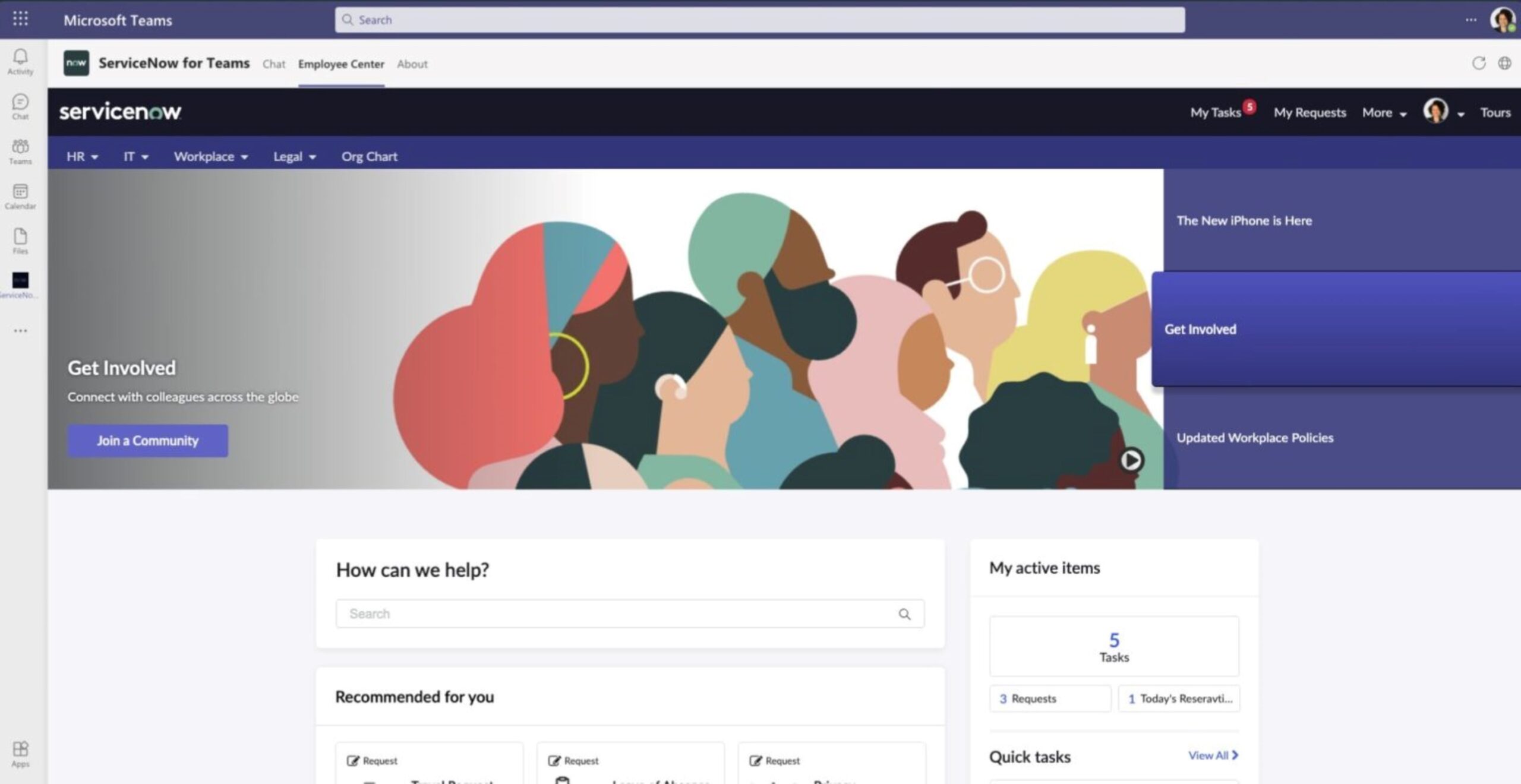 A screenshot of the user interface of ServiceNow for Microsoft Teams.
