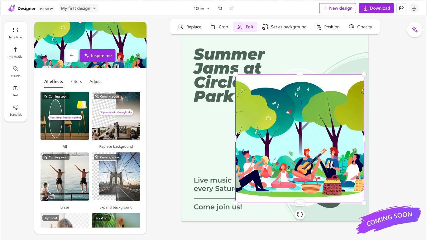 Microsoft Designer is used to create a design with a green background, text about live music, and an illustrated image of musicians in a park. To the left of the design is a panel labeled “All effects” with ways (coming soon) to customize the image: fill, replace background, erase, or expand background.