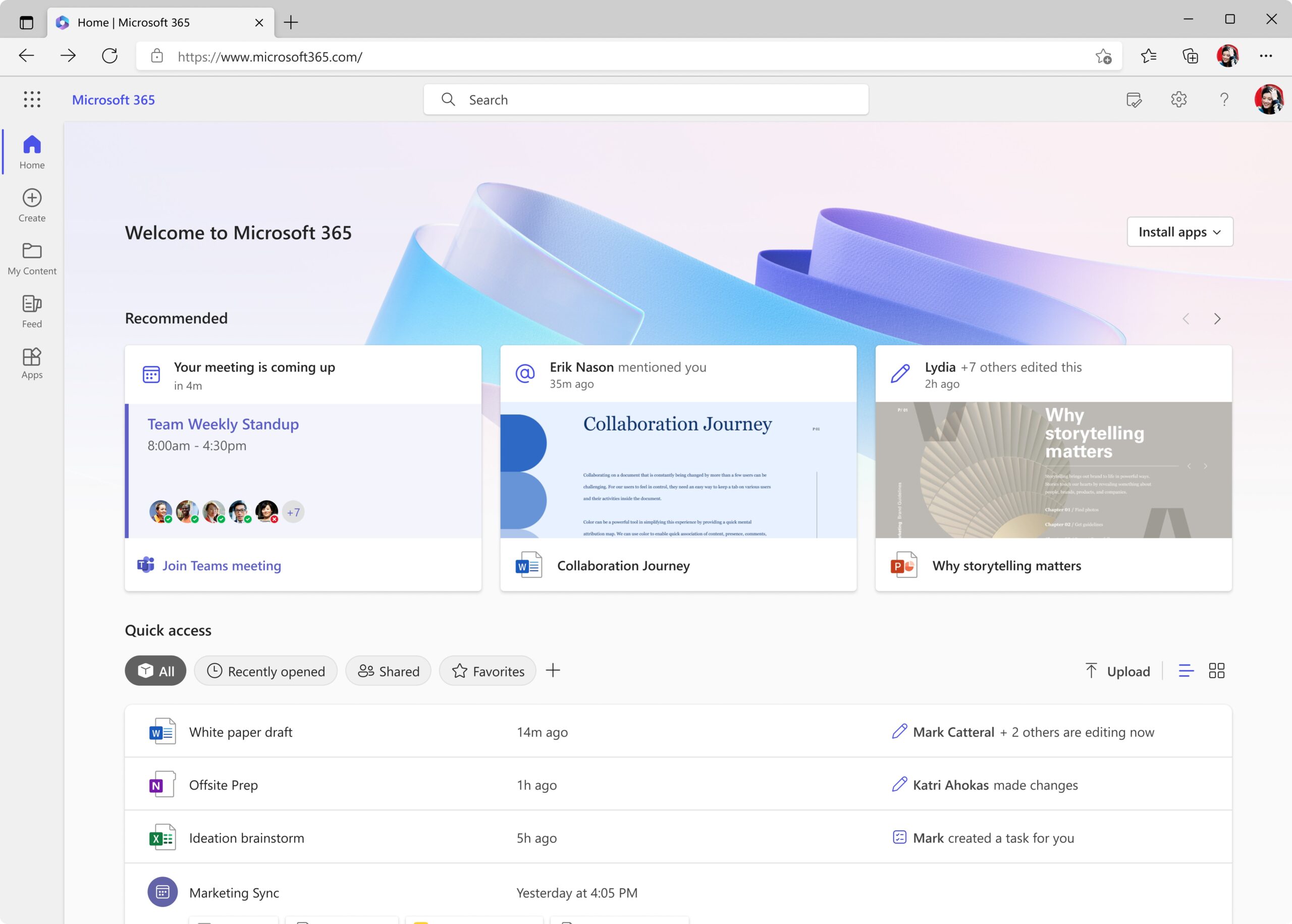 Microsoft 365 app in a web browser showing the Home screen.