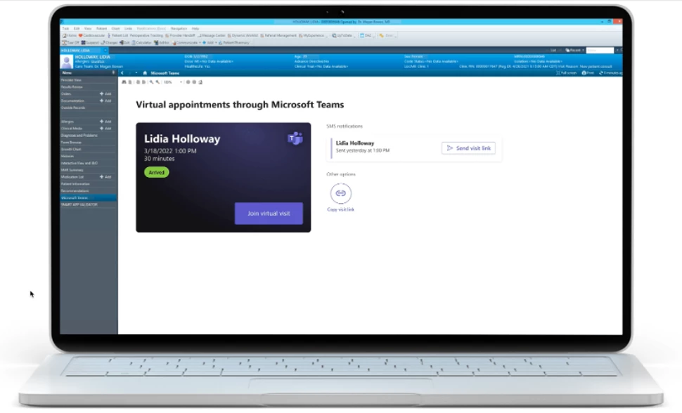 Laptop showing a clinician launching a virtual visit in Microsoft Teams directly from their electronic health record (EHR) system.