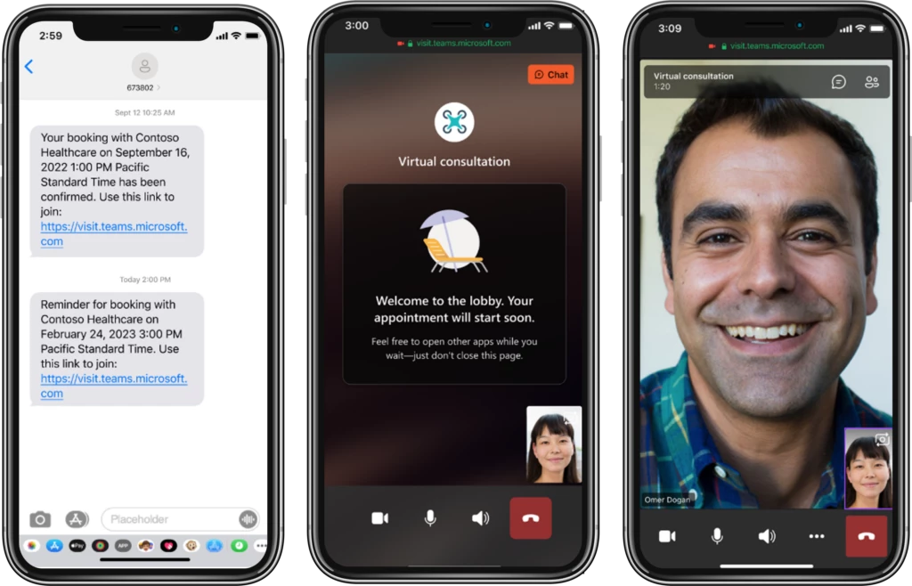 Three mobile devices displaying a virtual consultation from a patient’s perspective on Virtual Appointments in Microsoft Teams, showing a text reminder, virtual waiting room, and the Virtual Appointment. 