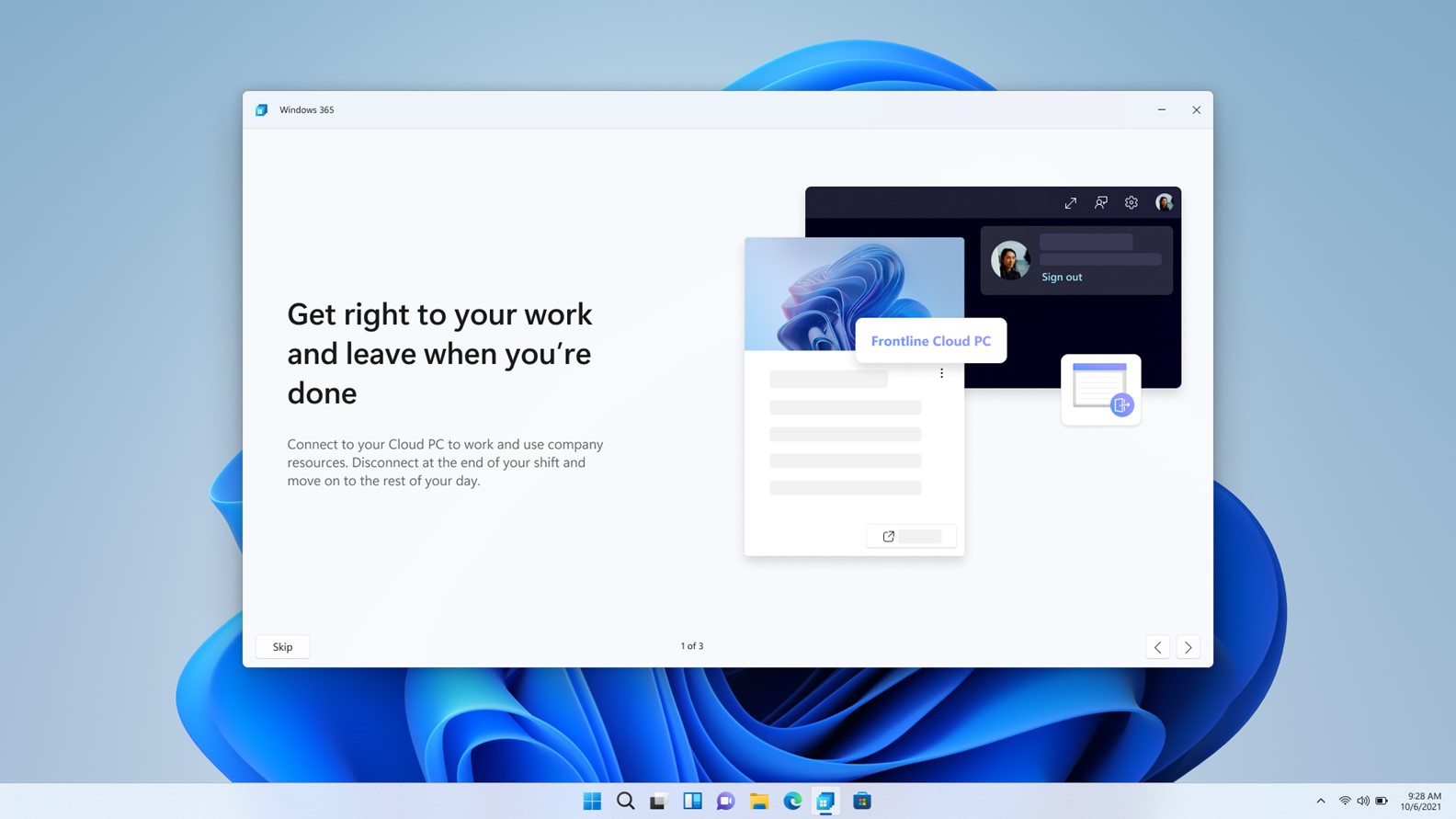 Screenshot of Win365 homepage experience for frontline workers.