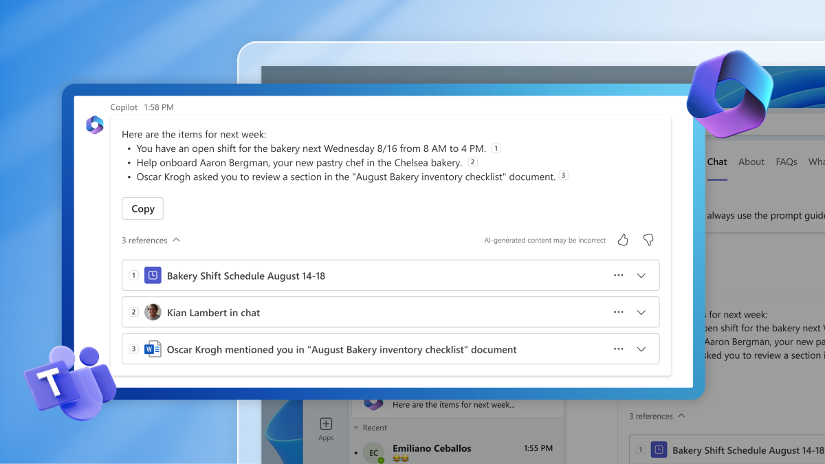A screenshot of Copilot in Teams outlining open items for next week.