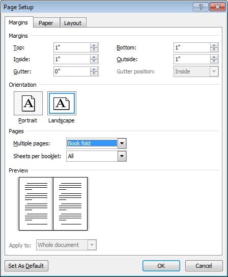 Booklet settings in the Page Setup dialog box Booklet settings in the Page Setup dialog box