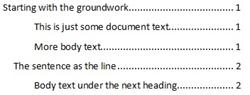 Table of contents with text