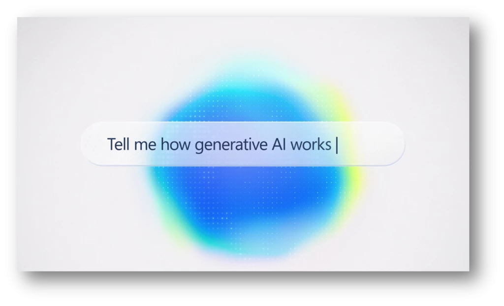 A decorative image with a prompt bubble with the text "Tell me how generative AI works," followed by a cursor