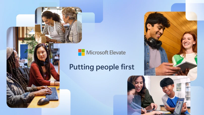 A collage of people using computers with the text "Microsoft Elevate Putting people first"