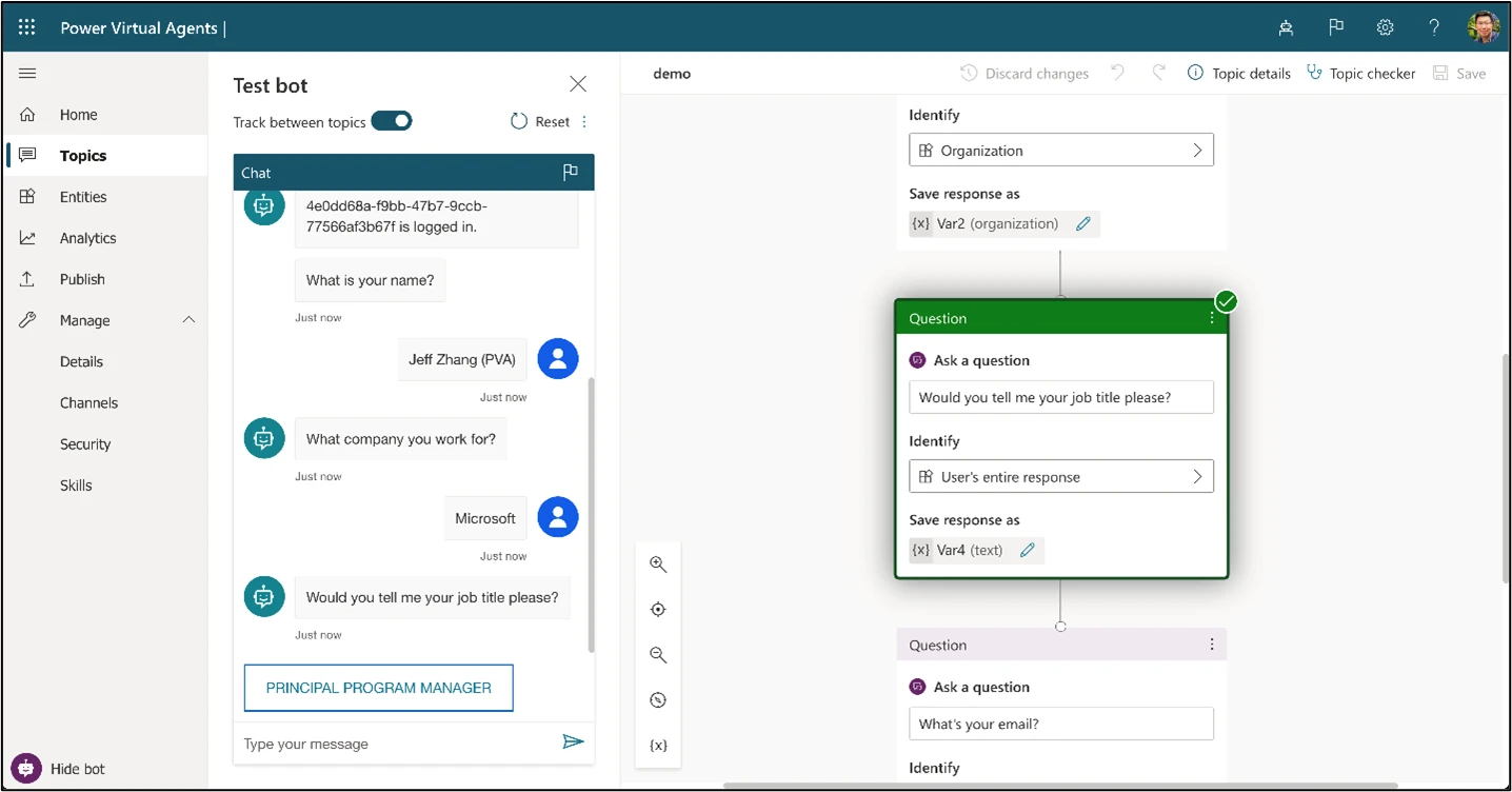Figure 3.  Personalized conversations using Power Virtual Agents