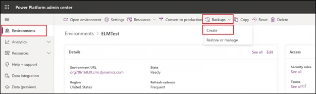 Figure 4.  Environment backup done from the Power Platform Admin Center