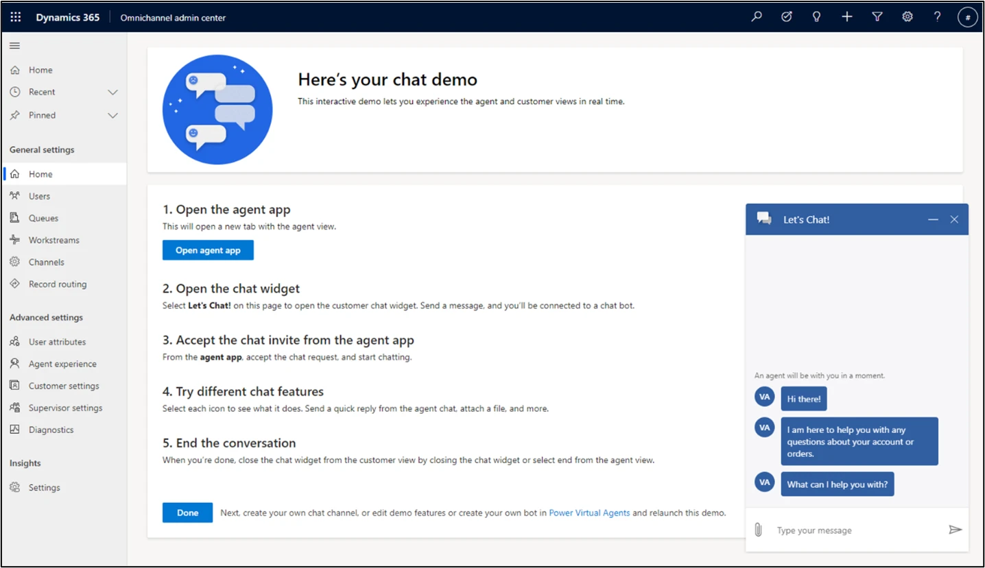 Figure 5.  Power Virtual Agents bot created as part of Omnichannel first run experience