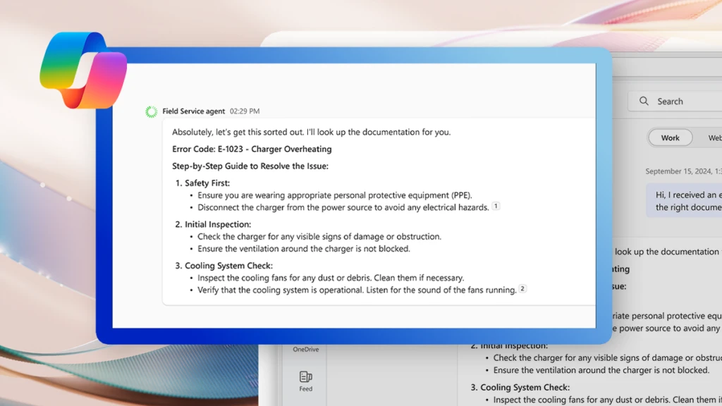 A screenshot pulled out to the forefront showing a Field Service agent in action in Microsoft 365 Copilot, providing an employee guidance on how to resolve an issue. The screen is also displayed on a computer monitor in the background. The image incorporates the Copilot logo and neutral colors in the background.