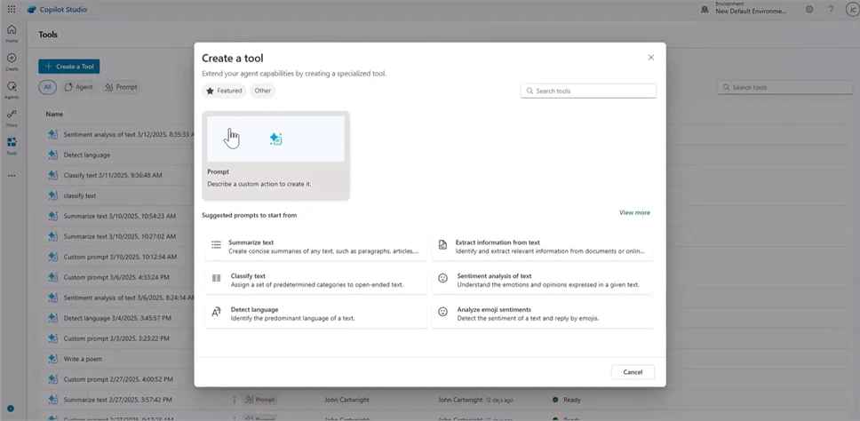 A screenshot of Copilot Studio with a popup window open called "Create a tool"