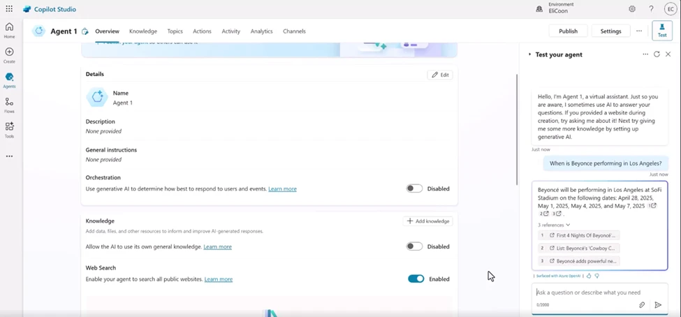 A screenshot of a Copilot Studio agent details page, showing "Web Search" toggled to "Enabled"