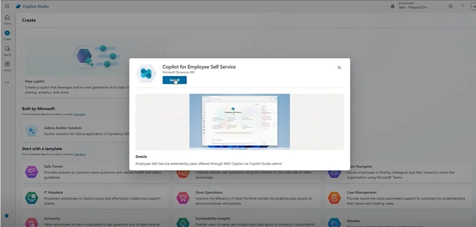 A screenshot of the "Create" page in Copilot Studio, showing available prebuilt agents to install