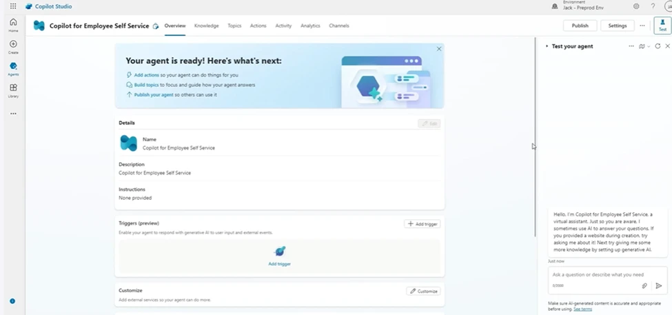 A screenshot of a Copilot Studio page saying "Your agent is ready!" with options to configure and customize below