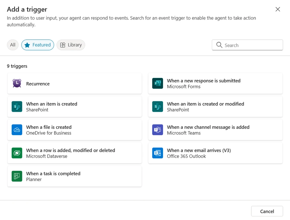 A screenshot of a Copilot Studio screen called "Add a trigger," showing featured prebuilt triggers to use in autonomous agents
