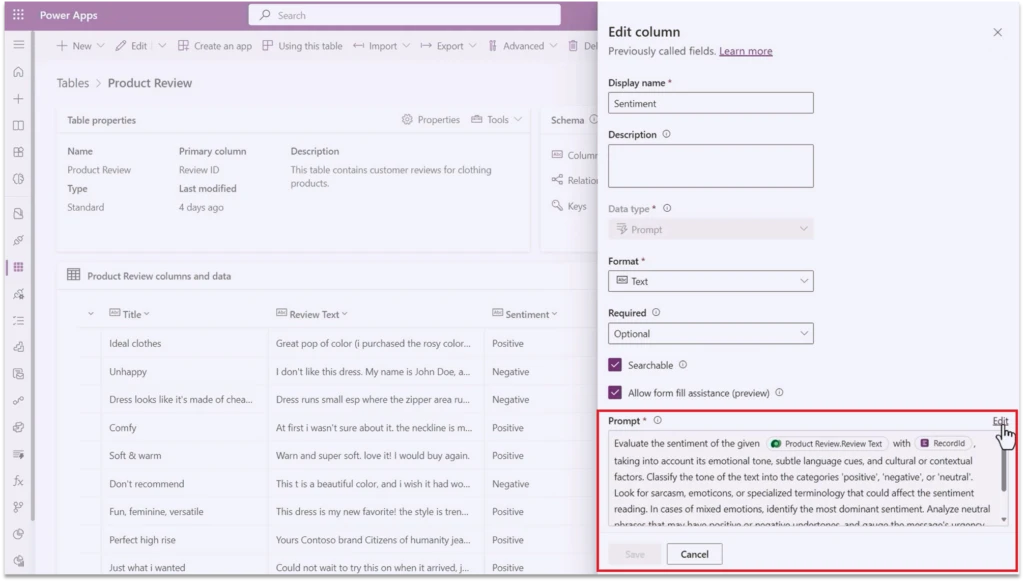 Screenshot of a Dataverse table with a prompt column for "Sentiment," showing the prompt to determine customer sentiment in a review