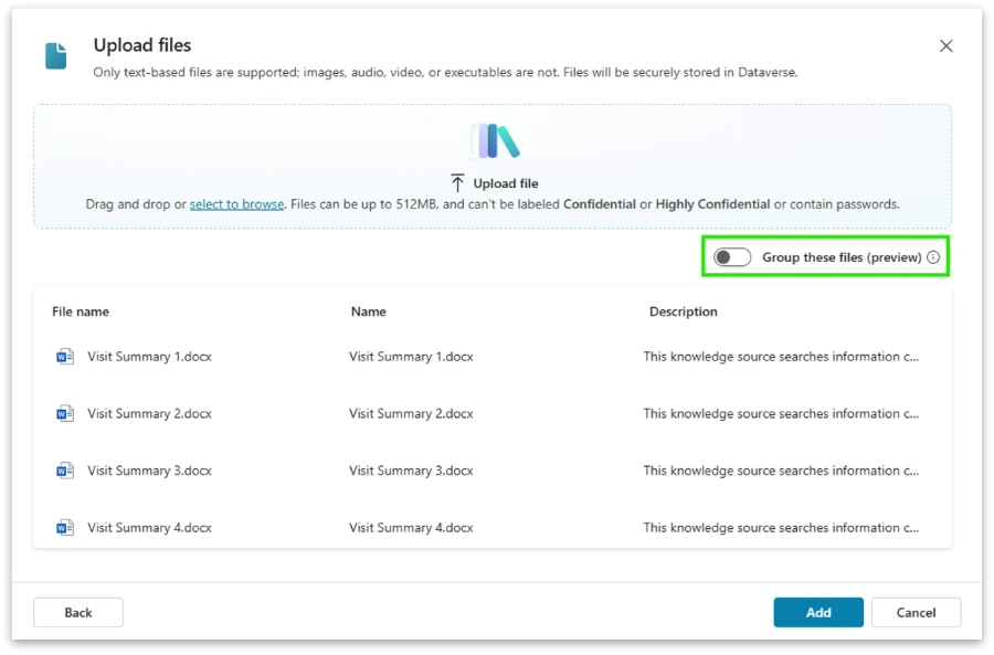 Screenshot of “Upload files” in the knowledge tab of Copilot Studio with the “Group these files” toggle highlighted 