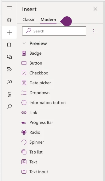 Image for new tab with modern controls in insert pane