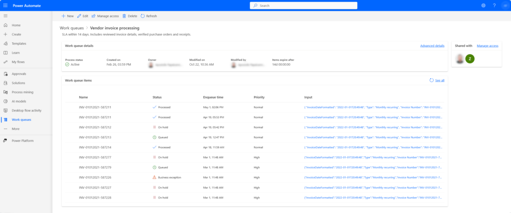 Showing work queue details page with the first 10 work queue items