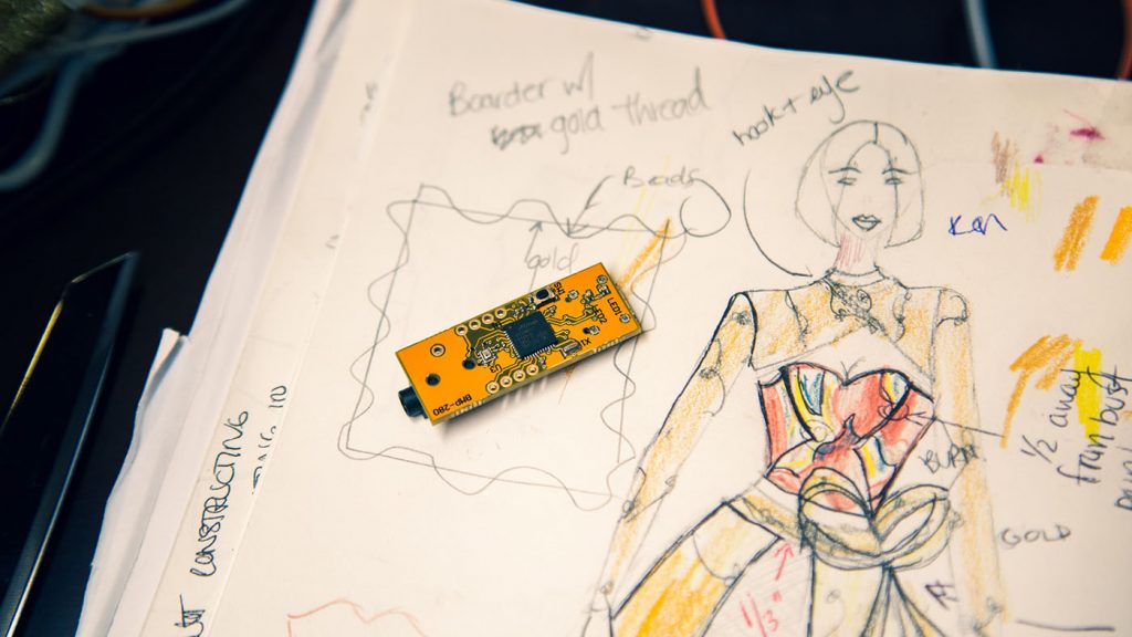 Project Brookdale: photo of a dress sketched with placement of circuit and beads