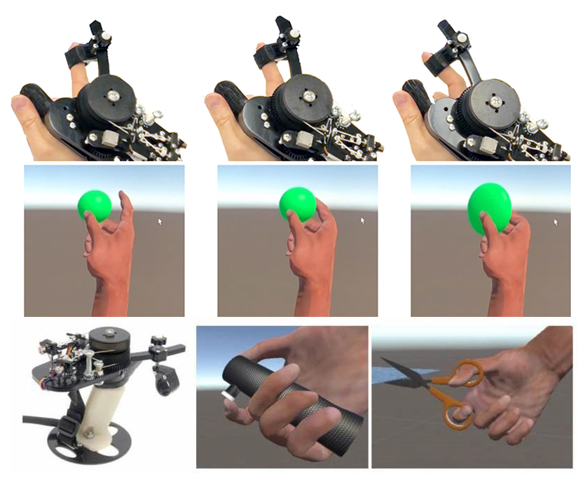 The haptic controller CapstanCrunch supports human-scale forces during touch and grasp and can resist the user’s grasp force up to 20 newtons. The friction-based capstan brake mechanism magnifies the force of the controller’s small motor, resulting in an integrated, palm-grounded controller design for interaction. The controller can replicate complex haptic events exhibiting variable stiffness and compliance.