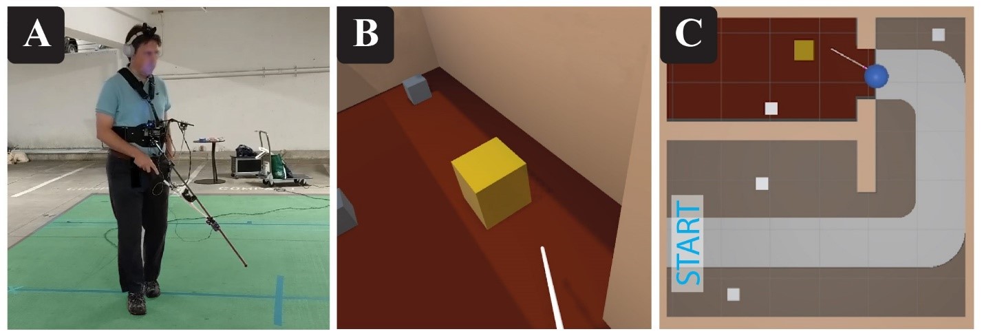 A person uses the white cane controller to navigate a virtual environment. The virtual environment contains objects that can be detected by the controller. 