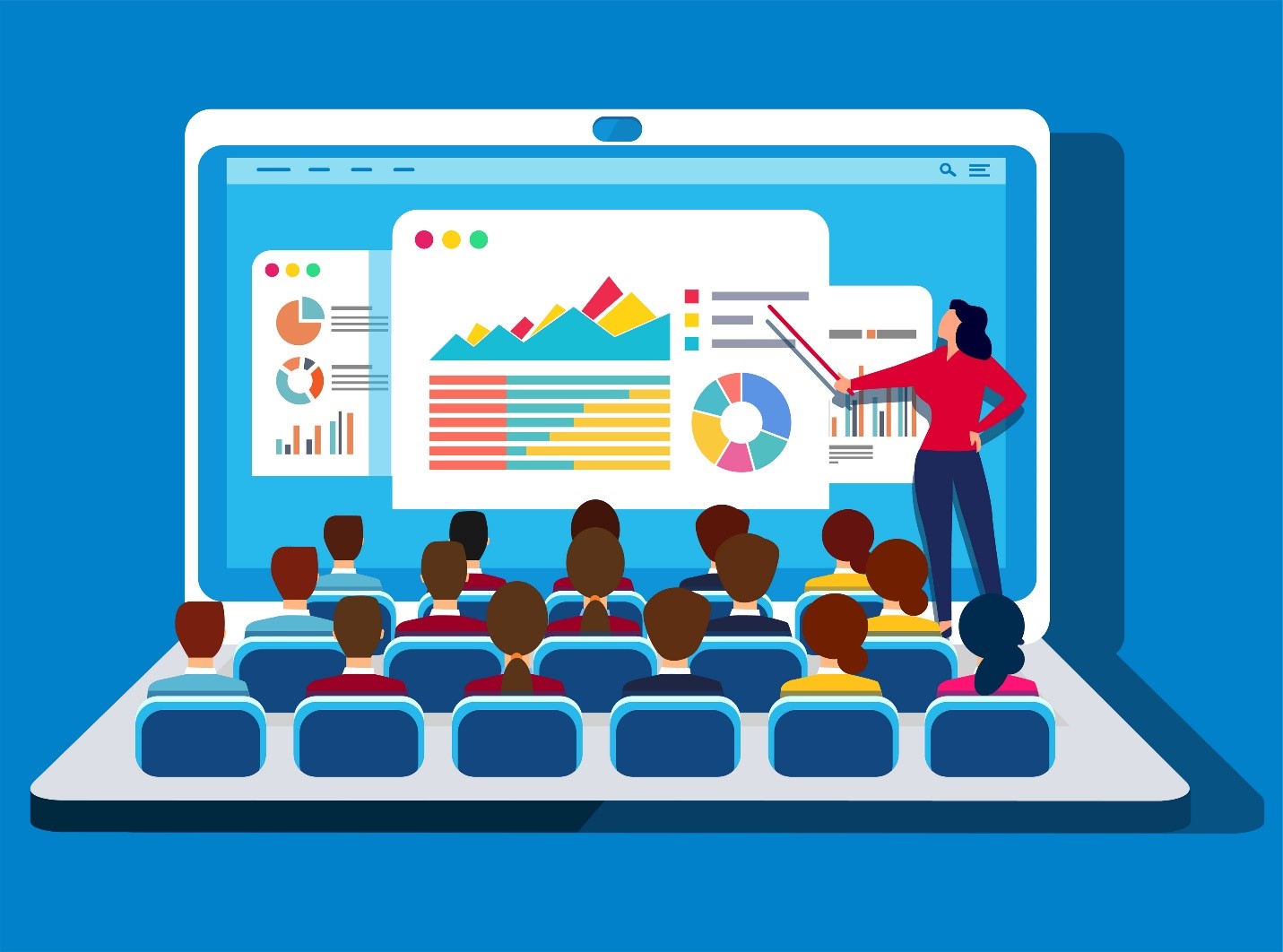 Artwork of audience looking at graphs on a computer screen