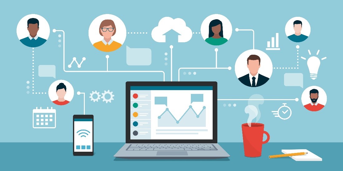 Graphic artwork with larger computer in center connected to workers in the cloud