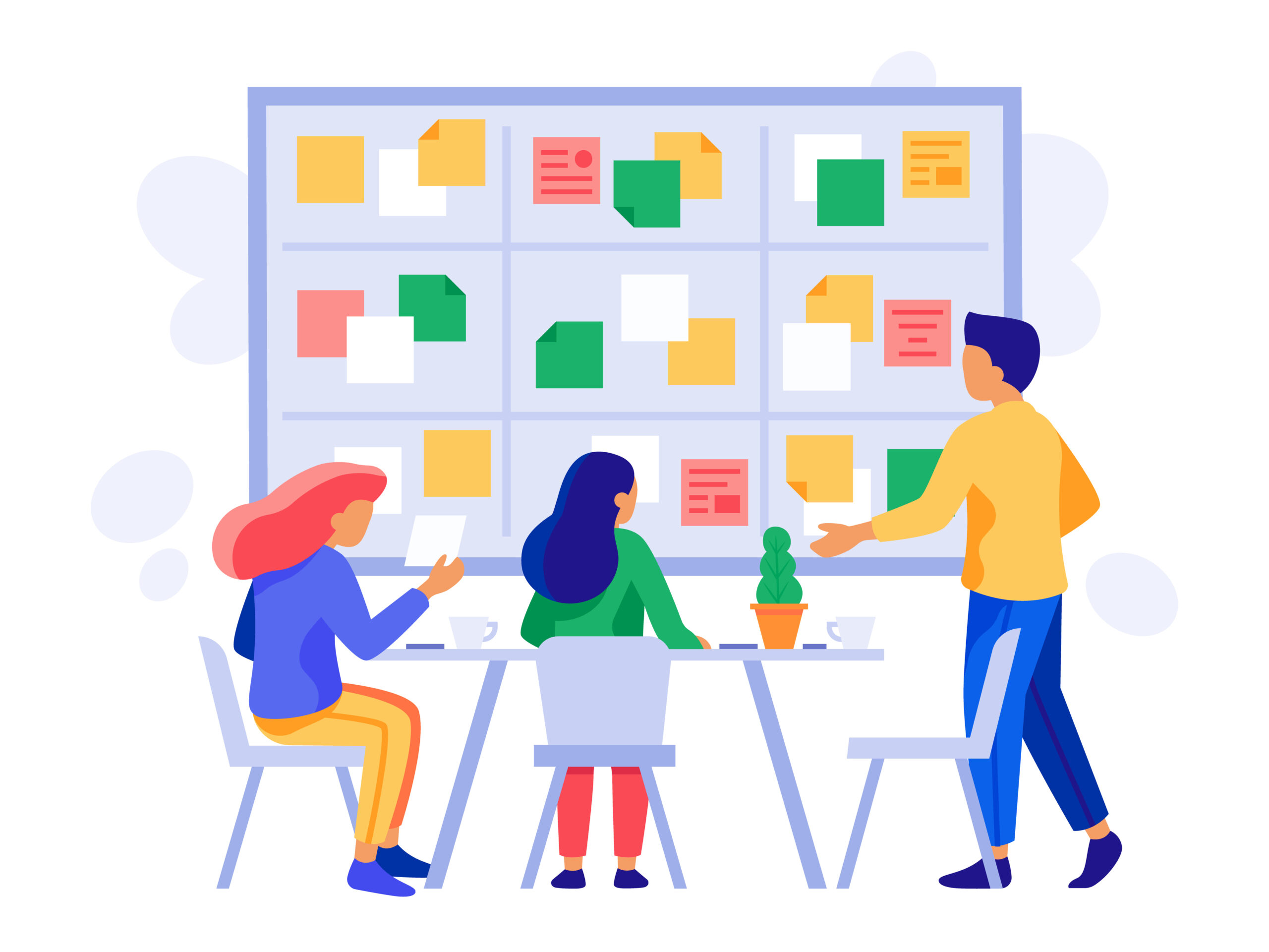 Graphic illustration of three individuals working together, in front of a board with post it notes