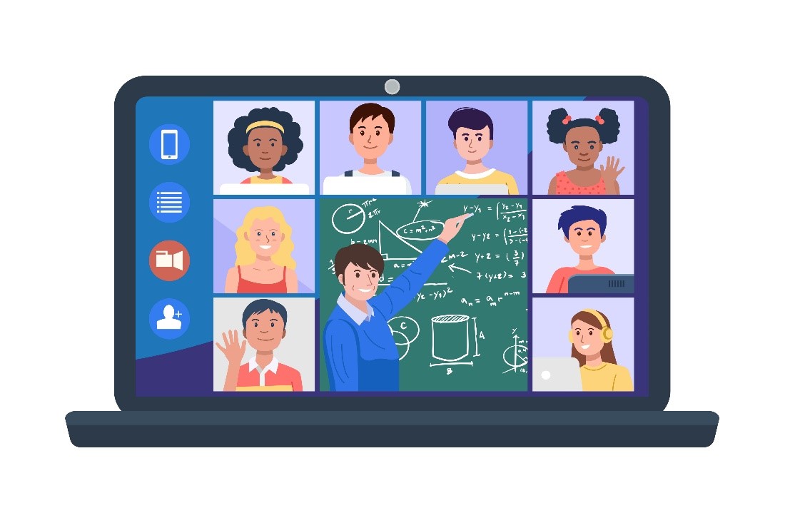 A laptop with a grid of young students distance learning from home, with their teacher in the middle