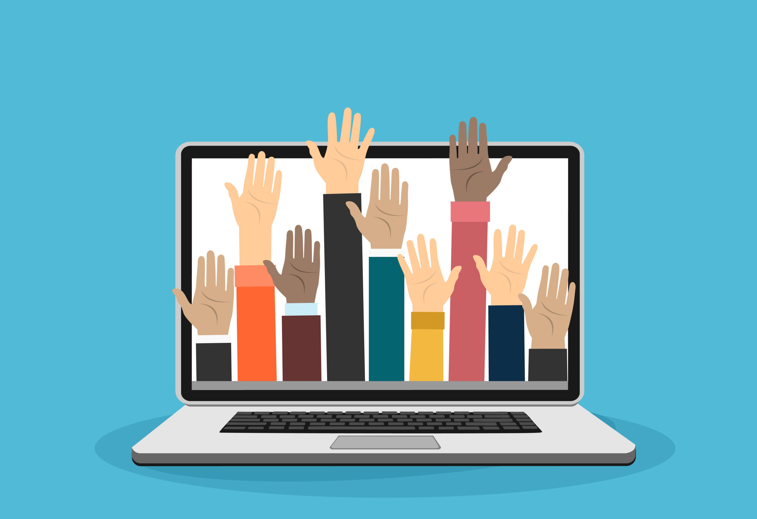 An open lap top with raised hands coming out of the screen