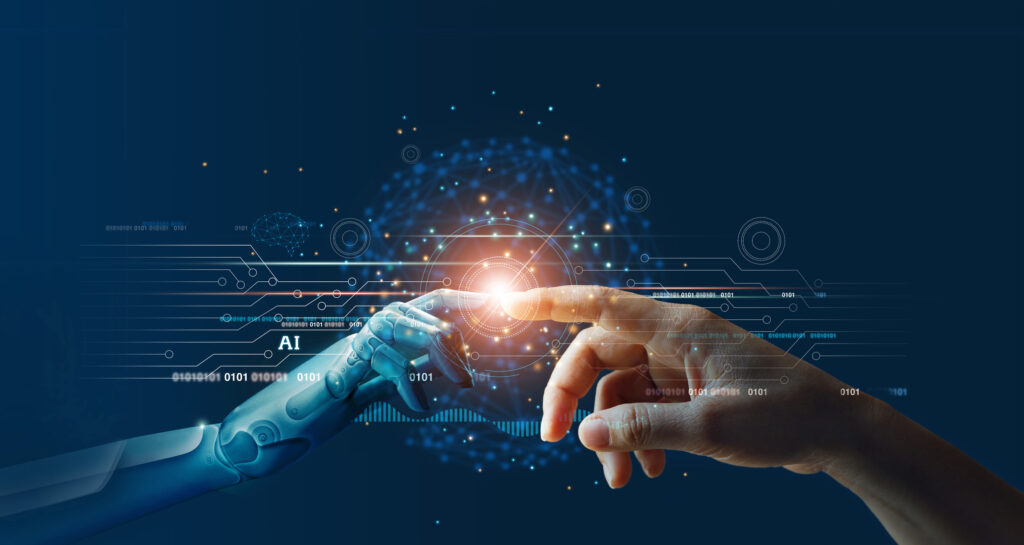 a human hand reaching out and touching a robotic hand