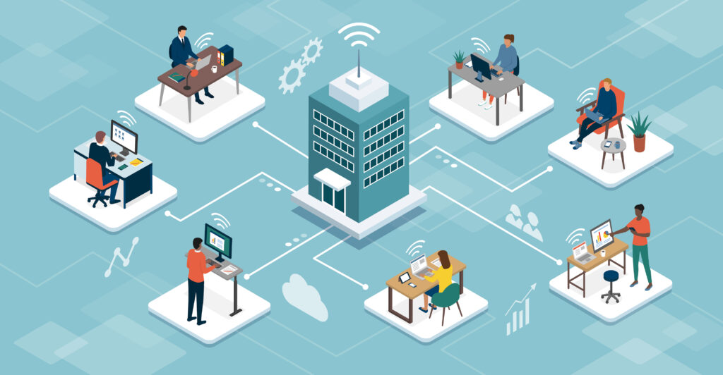 businesspeople working remotely but joined by a network