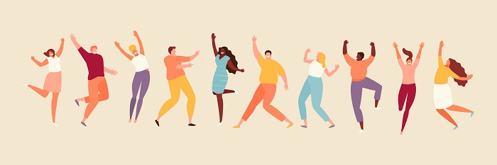 jumping and dancing happy people