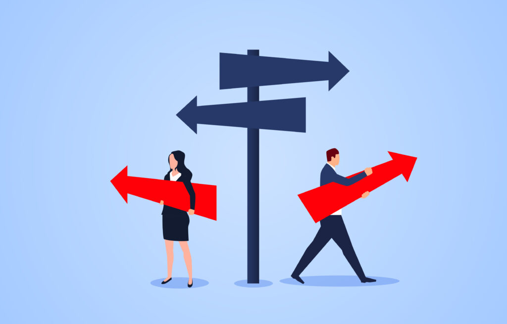 Male businessman and businesswoman choose different directions at the crossroads