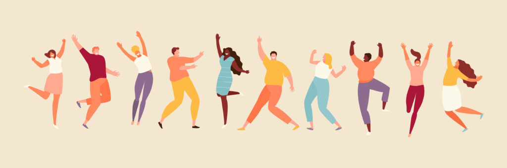 jumping and dancing happy people