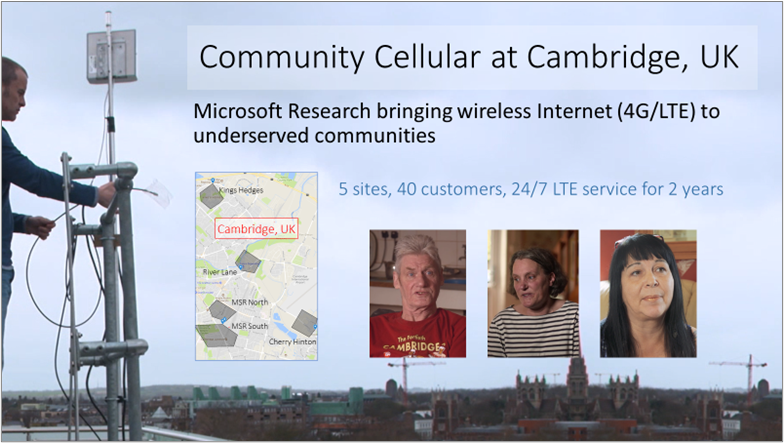 Community Cellular at Cambridge, UK
Picture of a cellular tower installation with a map showing the network location in Cambridge, UK, plus pictures of three customers