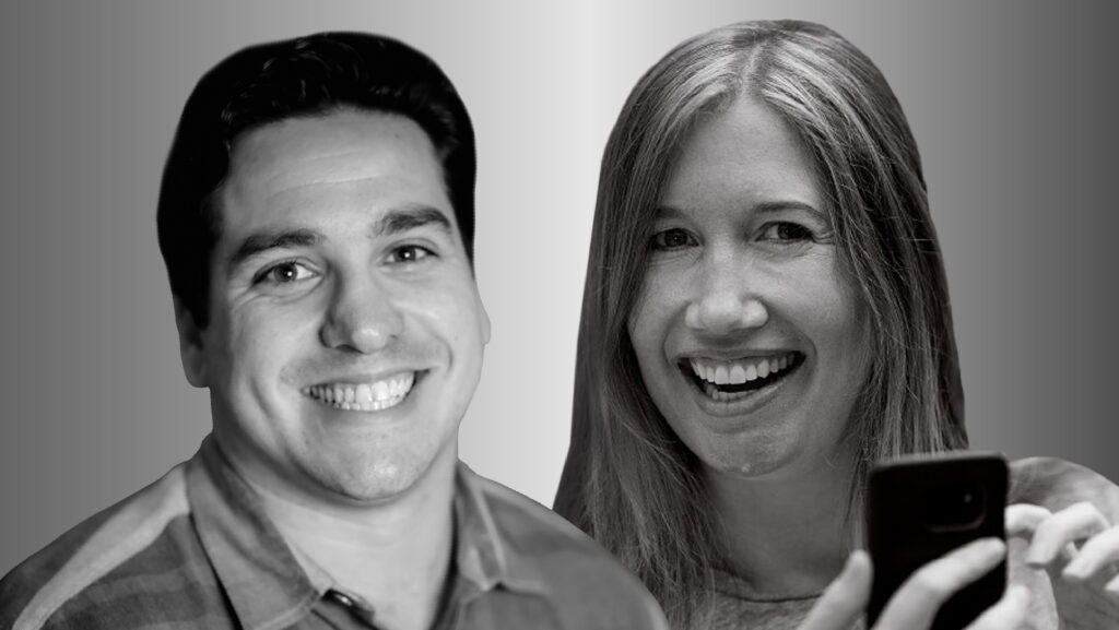 Two people side by side, Matt Brodsky on the left and Jaime Teevan on the right, in black and white smile and look forward. Teevan is holding a cell phone.