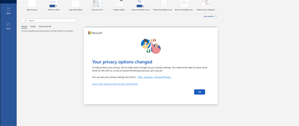 settings pane showing two privacy settings. The second setting states 'You need to be older to change this setting.'
