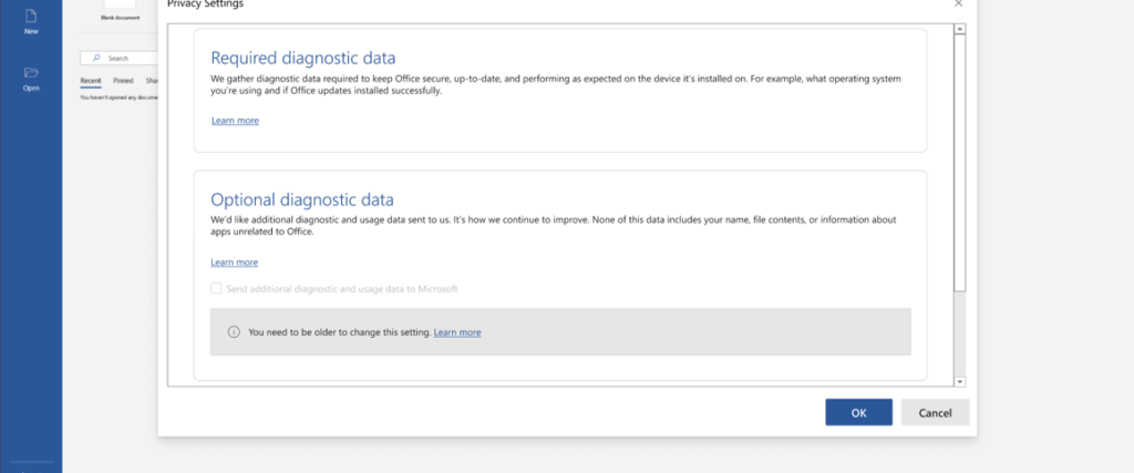 screen shot showing options for required diagnostic data and optional diagnostic data
