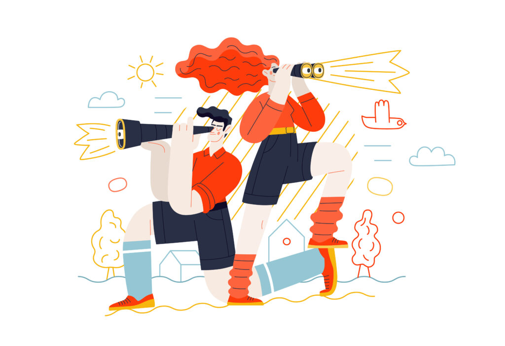 Two people looking out, one with a spyglass and theother with binoculars
