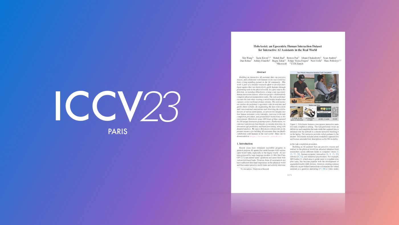 "ICCV23 PARIS" to the left of a picture of the first page of the HoloAssist publication on a blue and purple gradient background.