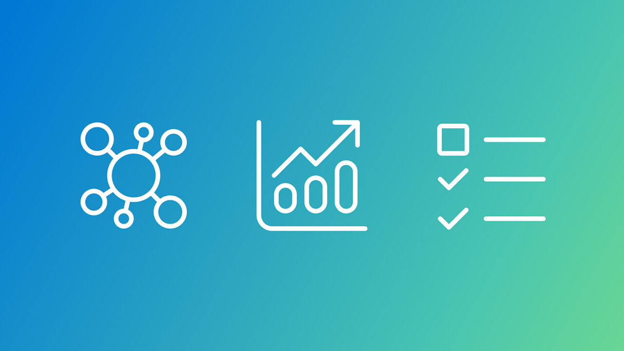 Three white icons on a gradient background transitioning from blue to green. From left to right: a network structure with connected circles, an upward-trending line graph with bars and an arrow, and a checklist with horizontal lines and checkmarks.