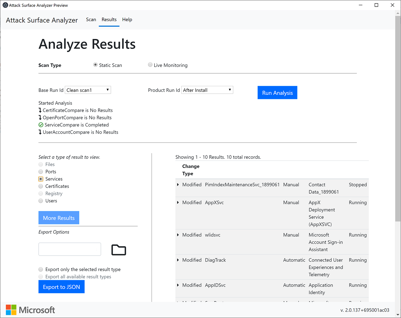 Results from the comparison analysis feature.