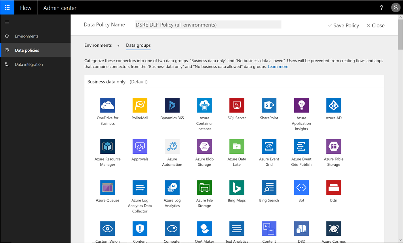 Screenshot of data groups in the Microsoft Flow admin center.