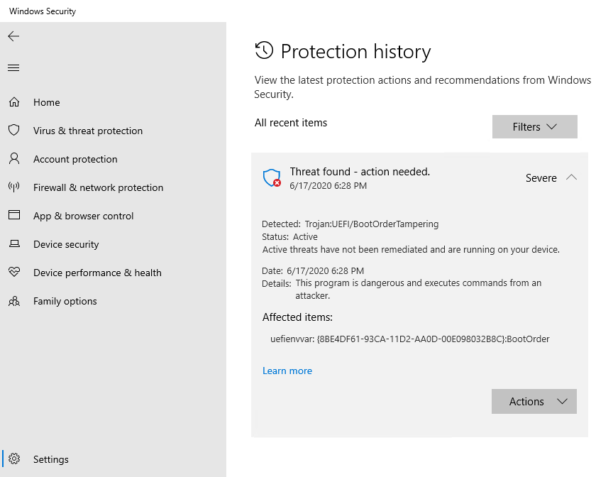 Windows Security notification showing detection of malicious content in non-volatile memory (NVRAM)