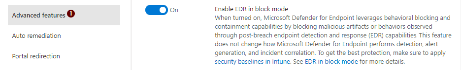 Screenshot of advanced settings in Microsoft Defender Security Center, where EDR in block mode can be enabled